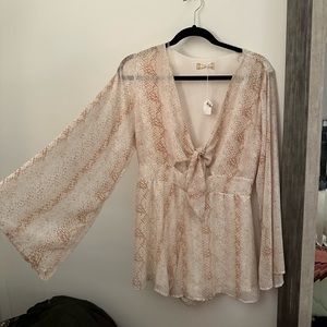 Flowy Long Bell Sleeve Reptile Print Romper with Tie Front